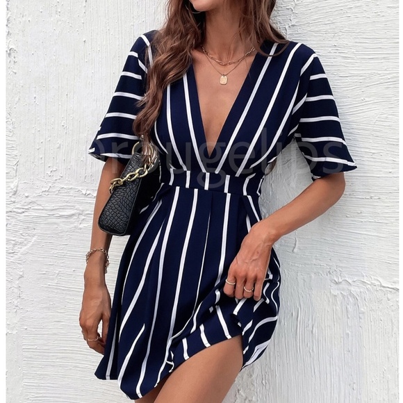 Striped White on Navy Blue Plunging V-Neck Mini Dress Batwing Sleeve - Picture 1 of 10